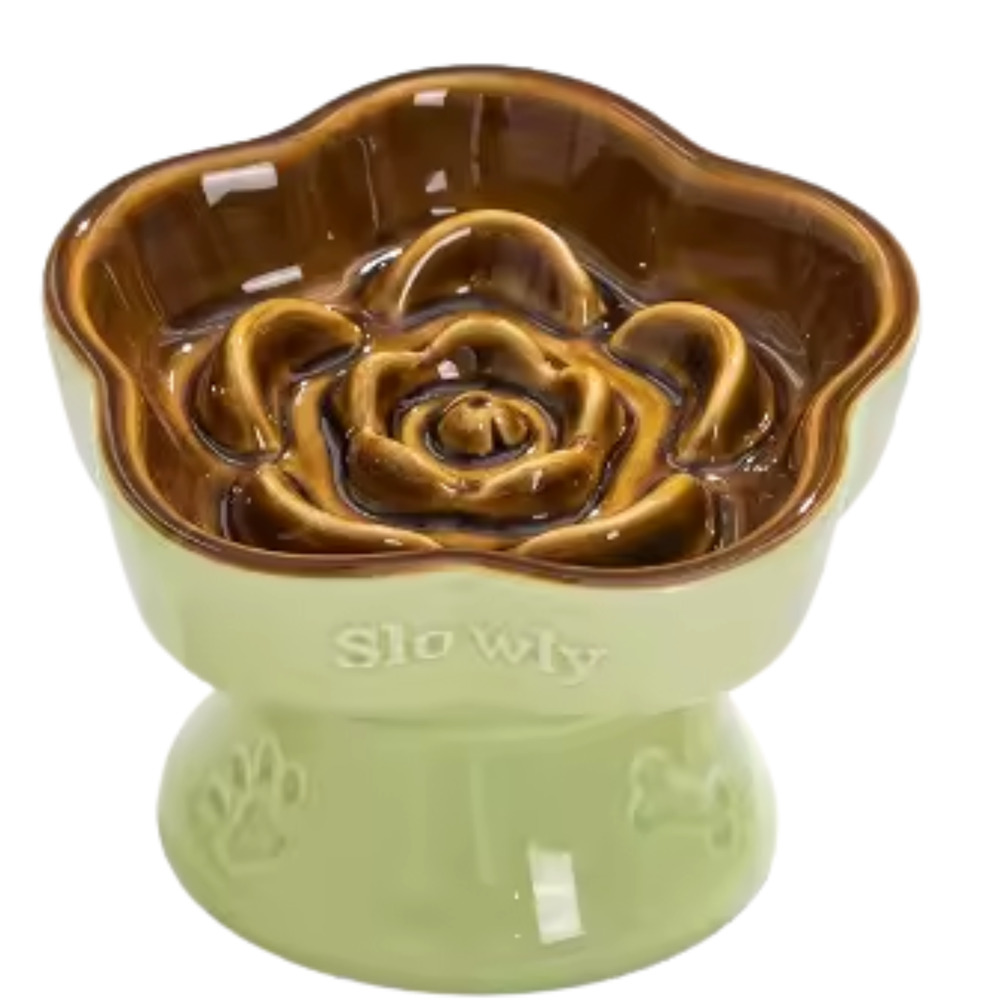Raised Slow Feeder Dog Cat Food Bowl for Small Pets Green Tilted Ceramic Dish